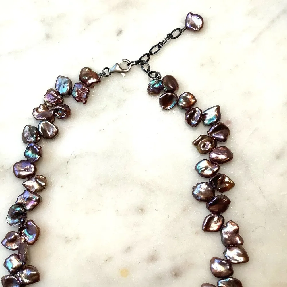 Peacock Pearl Necklace Baroque Iridescent Choker Sterling Silver 18